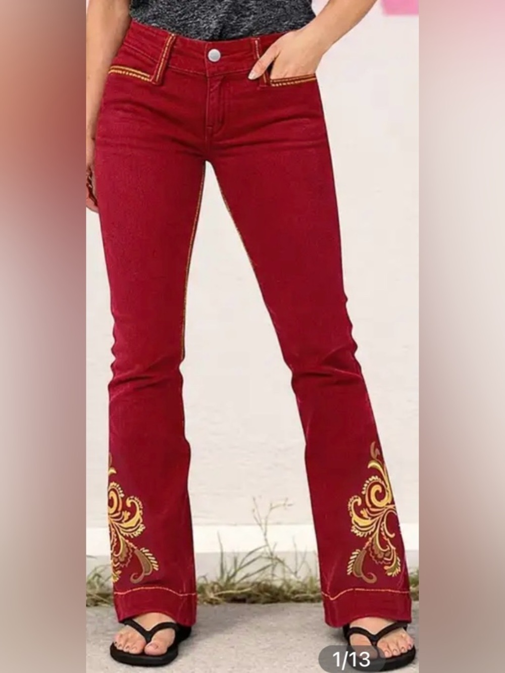 Flamingals Scrollwork Embroidery Mid Waist Flare Leg Red Jeans Size Small NWT